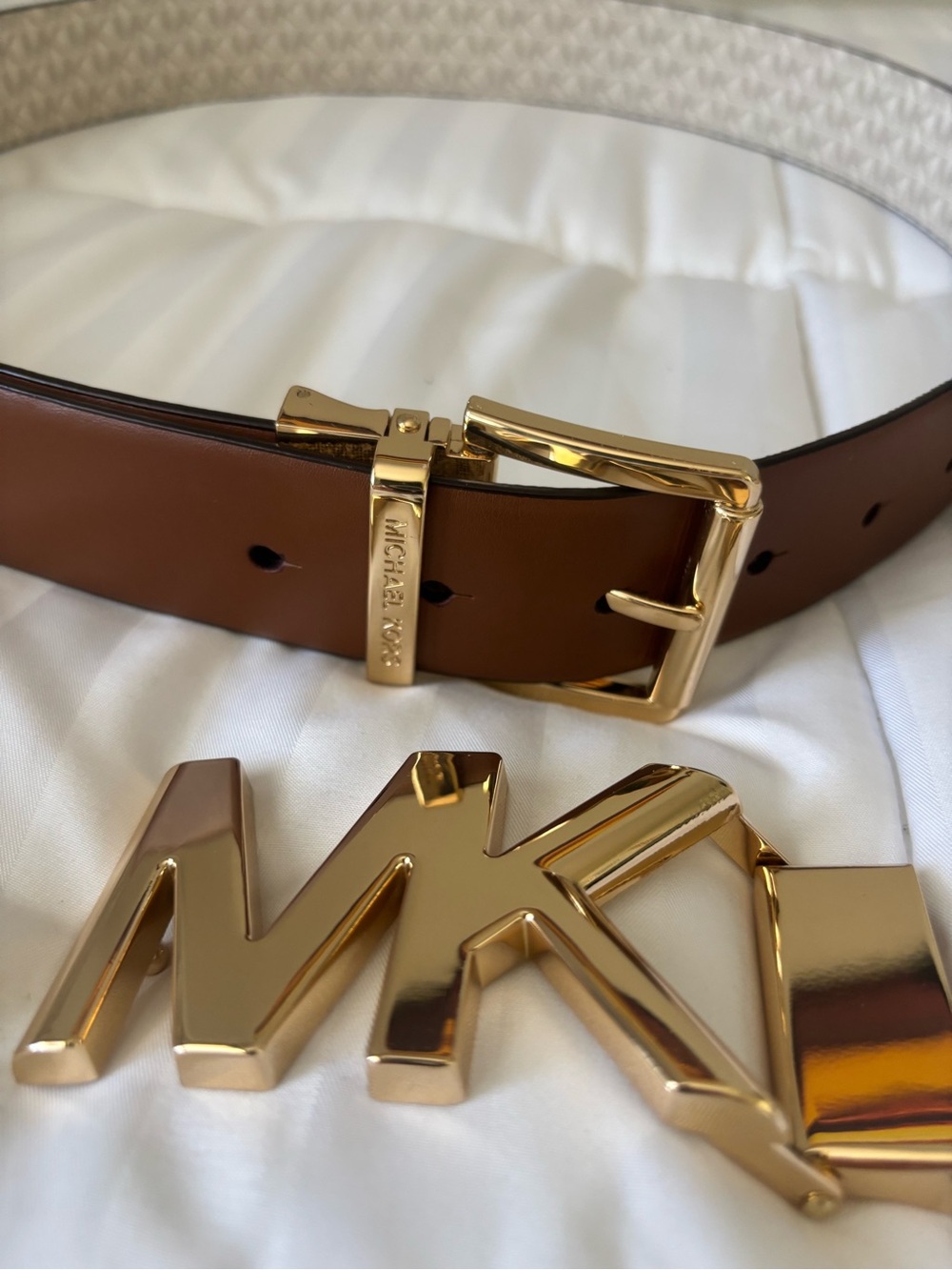 Michael Kors Woman’s Brown Leather Belt with 2 Gold Buckles